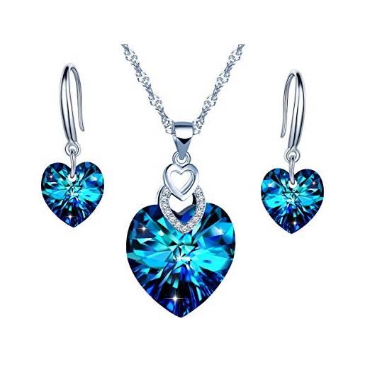 Yumilok - set con collana da donna in argento sterling 925, con ciondolo blu con zirconi in stile cuore dell'oceano e orecchini pendenti, per donne e ragazze