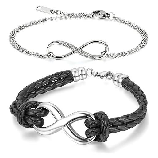 Cupimatch, set di 2 bracciali da uomo e donna in acciaio inossidabile e cuoio con simbolo dell'infinito, colore argento e nero