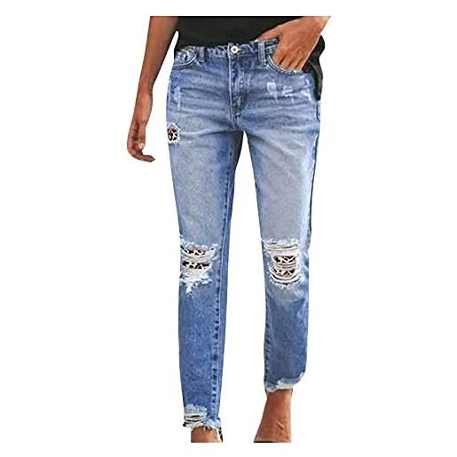 MXIM estate donna tinta unita strappato vita bassa jeans svasato patch jeans casual confortevole moda pantaloni, blu, s