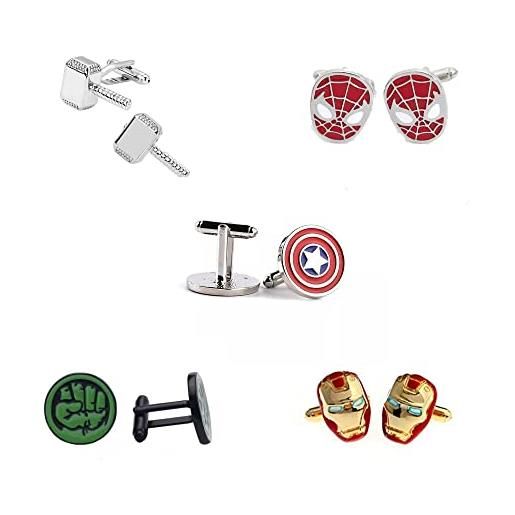 Love Rustic Co set di 5 gemelli da uomo, motivo: iron man, spiderman, capitan america, thor, hulk, marvel, motivo: supereroe