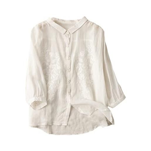 Lmtossey camicia da donna in cotone e lino casual estiva vintage floreale ricamato allentato comodo top, bianco, xxl