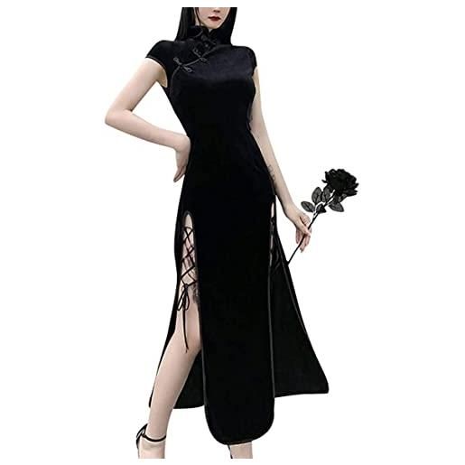 FREEPPCC sexy gotico scuro stile cinese tradizionale velluto vintage fibbia spacchi laterali con cinghie croce cheongsam qipao abito lungo per le donne, nero , l