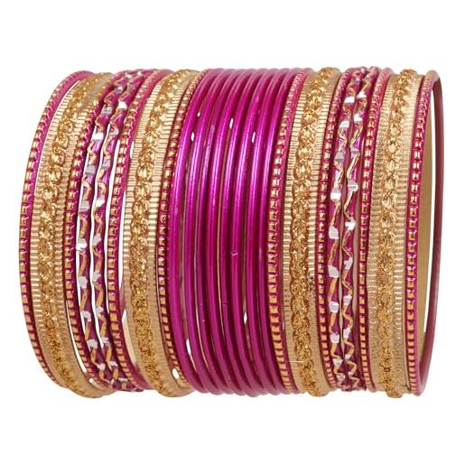 Touchstone collezione di 2 dozzine di braccialetti colorati braccialetti di gioielli di design fucsia strutturati in lega di bollywood indiano set di 24 in tono oro antico per le donne