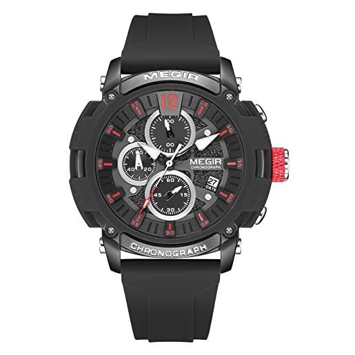 MEGIR orologi al quarzo sportivi da uomo con cronografo luminoso calendario automatico impermeabile cinturino in silicone, nero
