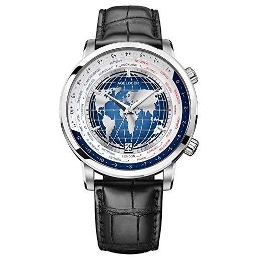 Agelocer orologio da uomo di lusso di moda con quadrante di diamanti blu del mondo del tempo meccanico del calendario, vp: 5201a1, meccanico