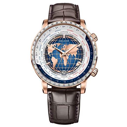 Agelocer orologio da uomo di lusso di moda con quadrante di diamanti blu del mondo del tempo meccanico del calendario, vp: 5201e1, meccanico