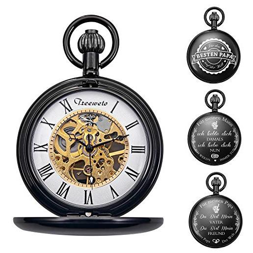 Treeweto, orologio da taschino unisex, con incisione personalizzata, analogico, a carica manuale, nero lucido