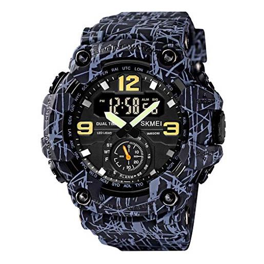 Yuxier orologio militare da uomo camouflage sport outdoor impermeabile orologi da polso data multi funzione con led allarme tempo multiplo, nero e grigio. 