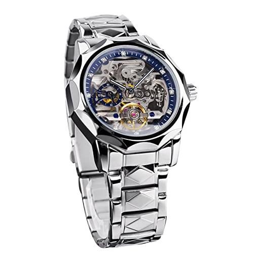 FORSINING orologio automatico da uomo meccanico scheletro tourbillon orologi moda business orologio da polso impermeabile lusso quadrante diamante, argento blu, bracciale