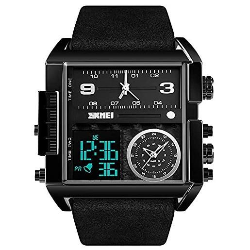 SKMEI orologio sportivo digitale da uomo, quadrante grande, analogico al quarzo, con cronometro impermeabile multi-fuso orario, interamente nero, 