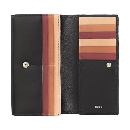 Dudu portafoglio donna pelle rfid design colorato lungo con portamonete zip 18 porta carte e chiusura a bottone nero