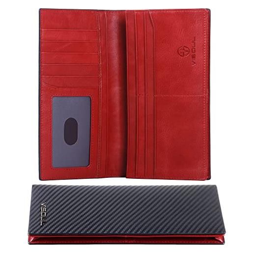 VISOUL portafoglio lungo in vera pelle da uomo con blocco rfid, portafogli verticale da uomo portafoglio slim bifold con 3 scomparti banconote e 12 slot per carte credito (nero+rosso)