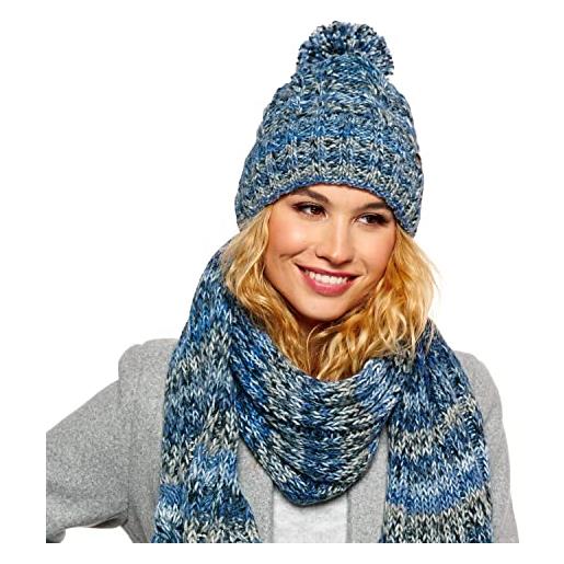 Elimeli berretto invernale da donna, caldo, berretto invernale con pompon slouch beanie da donna, per l'inverno, prodotto in ue, colori assortiti 19005, blu - set con sciarpa, taglia unica