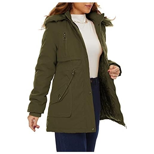 HVEPUO giacca invernale da donna con pelliccia calda e fodera in pile, verde militare b, xl