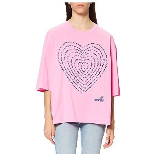 Love Moschino loose fit t-shirt wide elbow-length sleeves with a calligram 3-d heart print and logo, colore: rosa, 48 donna