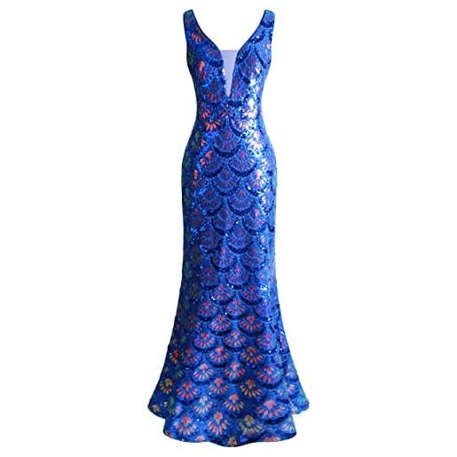 Angel-fashions da donna collo a v giunzione tulle modello paillettes elegante lungo sirena abito da ballo royal blue medium