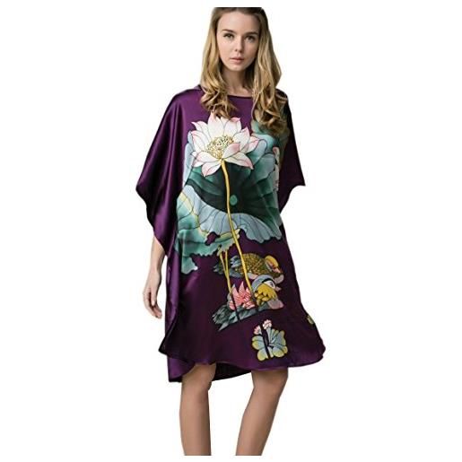 Prettystern donna 100% raso di seta kimono caftano vestaglia pigiama camicia da notte dipinto a mano azzurro floreale ybs301