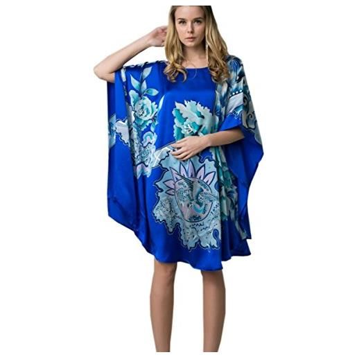 Prettystern donna 100% seta kimono caftano vestaglia pigiama camicia da notte dipinto a mano ybs103 turchese blu