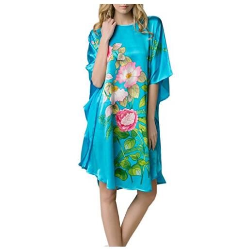Prettystern donna 100% raso di seta kimono caftano vestaglia pigiama camicia da notte dipinto a mano azzurro floreale ybs301