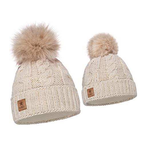 ELIMELI - set di cappellini invernali per mamma e figlia, con pompon di pelliccia sintetica, berretti invernali lavorati a maglia, beige. , taglia unica