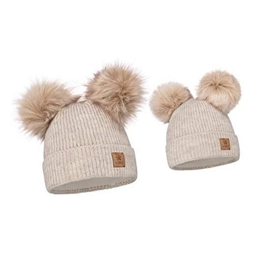 Elimeli - cappellino invernale per mamma e figlia, con due pompon, berretto invernale da donna, beige. , taglia unica