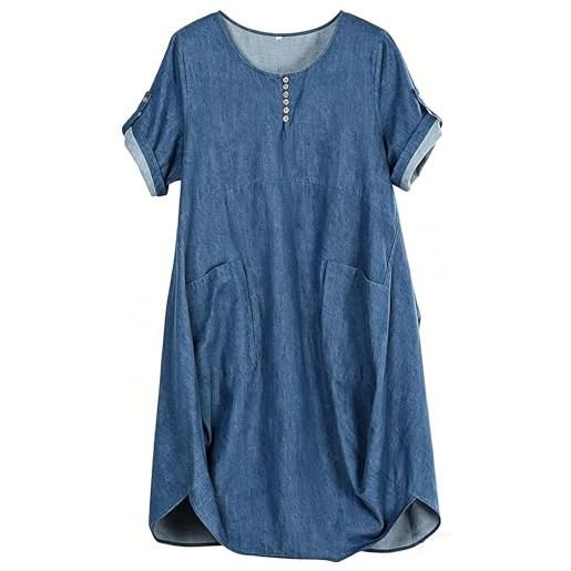 FTCayanz vestito donna manica corta abito tunica midi taglie forti abiti lino camicetta jean blu 3xl