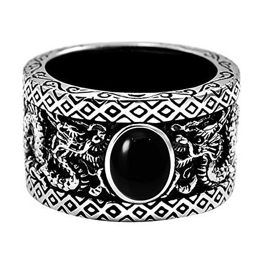 FORFOX anello doppio drago cinese in argento sterling 925 nero con onice per uomo donna taglia 25