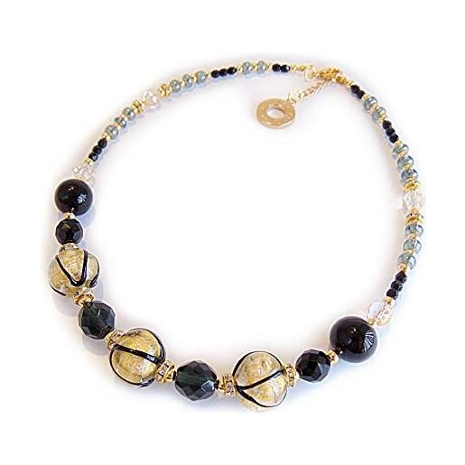VENEZIA CLASSICA - collana da donna girocollo con perle in vetro di murano originale, collezione aida, perle in vetro con foglia in oro 24kt e venature nere, made in italy certificato