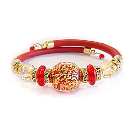 VENEZIA CLASSICA - bracciale da donna con perle in vetro di murano originale e vera pelle toscana, collezione diana, con foglia in oro 24kt, made in italy certificato (rosso)