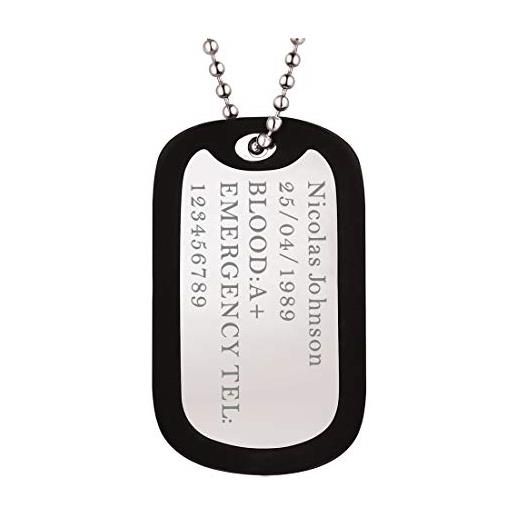 U7 uomo collana personalizzata pendente militare dog tag, cindolo + catena 60 cm, acciaio inossidabile, regalo compleanno, con confezione, gioiello alla moda, argento