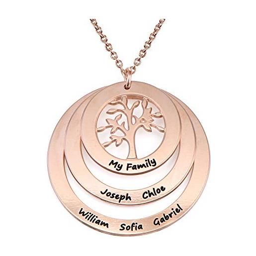 MyNameNecklace myka - collana personalizzata famiglia con cerchi e albero della vita in argento 925 - incisa con nomi - regalo per mamma o nonna (argento 925 placcato oro rosa 18k)
