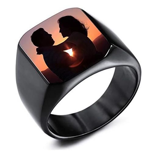 INBLUE personalizzato foto anello con sigillo incisione nero immagine per uomini donne acciaio inossidabile bundle con regolatori della dimensione dell'anello (nero colore)