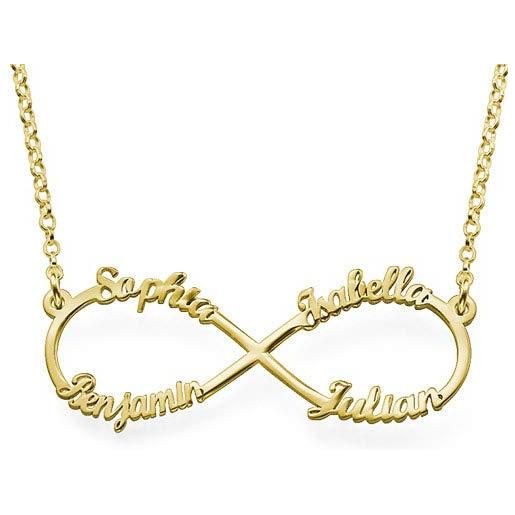 MyNameNecklace myka - collana infinito con 4 nomi in placcato oro 18k o argento 925 personalizzabile in corsivo regalo per le donne mogli madre nonne fidanzate (oro vermeil 18k)