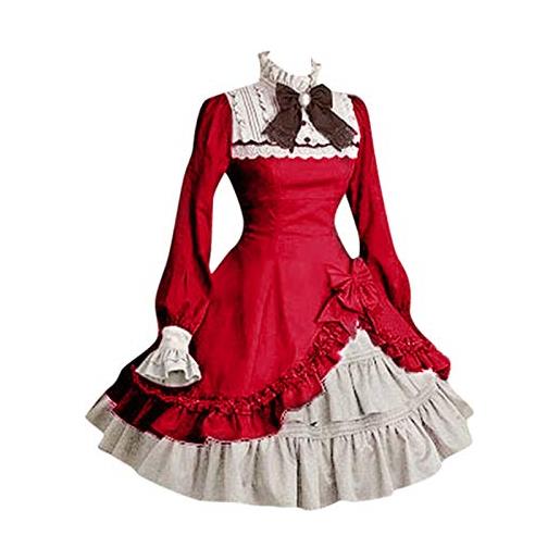 LOSSLO steampunk, vestito da donna gotico, con fiocco, colletto alto, maniche svasate, bella principessa, abito da festa vittoriana, vestito da ballo, vestito medievale, colore: rosso, m