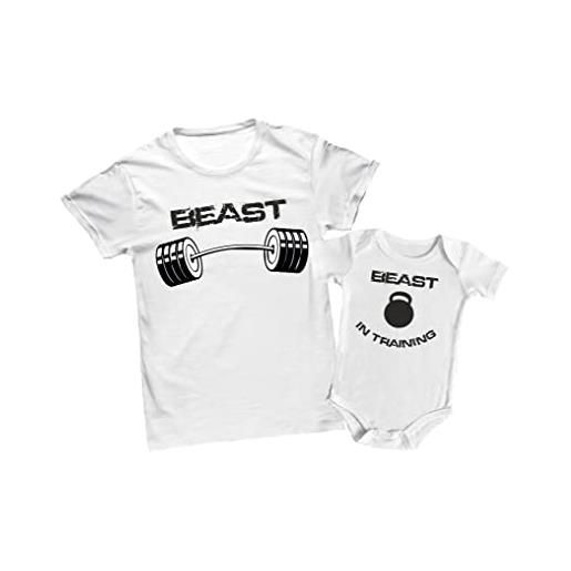Bulabadoo coppia tshirt e body neonato - beast - beast in training - builders - palestra papà bimbo - maglietta uomo - body - idea regalo papà