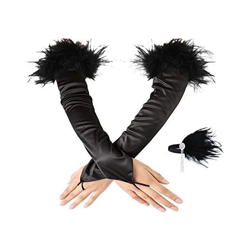 YUEMOL guanti pizzo guanti elastici senza dita sui gomiti, polsini da palcoscenico in raso, guanti da copricapo in piuma 2 set (color: black, size: one size)