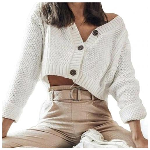 WPLHH donne autunno twist maglia giacca corta sciolto crop maglione cardigan, 2021 (colore: bianco, taglia: s)