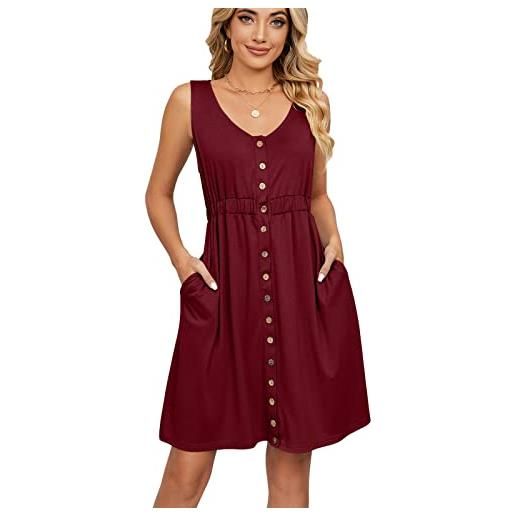 LIEFSS women summer dresses casual sleeveless button down elastic waist t-shirt dresses with pockets 2023 round neck swing dress, rosso, m