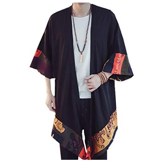 HZCX FASHION uomo cotone lino lungo kimono giacche aperto frontale cardigan mantello, giallo, l