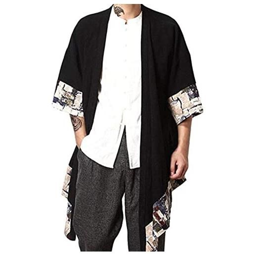 HZCX FASHION mantello lungo kimono da uomo in cotone e lino aperto sul davanti, fiore piccolo, xl