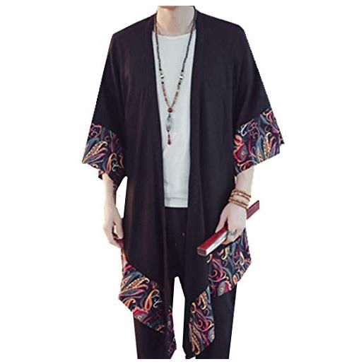 HZCX FASHION cotone lino lungo kimono giacche aperto frontale cardigan mantello, nero , xl