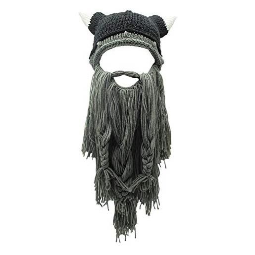 Xinqiao berretto da uomo vichingo con barba falsa fatta a mano cappelli divertenti a maglia pillager cornuti berretti, barba nera, taglia unica