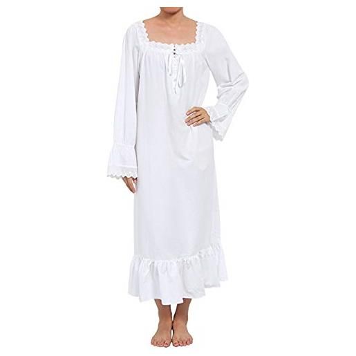Lalander - camicia da notte da donna, in cotone, stile vittoriano, vintage, a maniche lunghe, pigiama bianco l