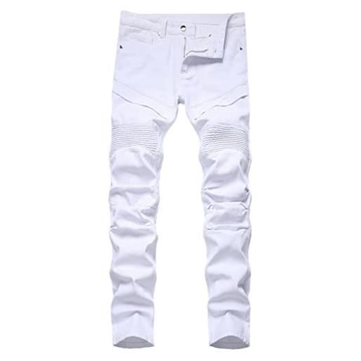 HWYBHT uomini biker jeans skinny uomo jean uomini denim strappato uomini pantaloni stretch slim fit pantaloni, bianco, 30 w