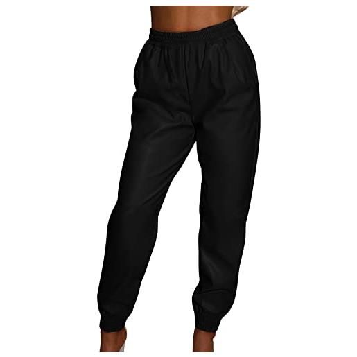 QWUVEDS pantaloni elasticizzati, da donna, elasticizzati, in similpelle, con tasche, in pelle, nero , xl