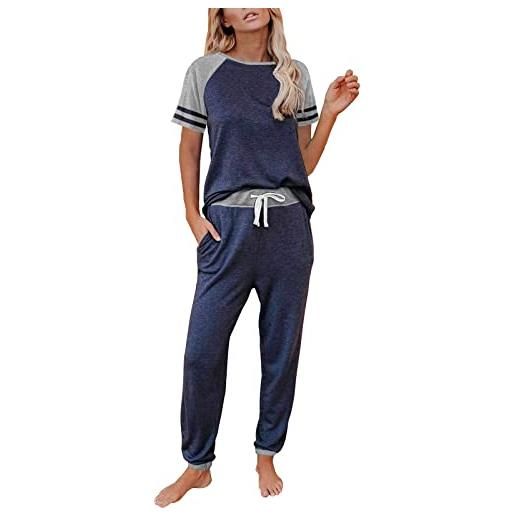 LOIJMK pigiama da donna, a maniche corte, con blocco di colore, biancheria da notte, con pantaloni lunghi, set di biancheria da notte estiva, per adolescenti e ragazze, grigio. , l