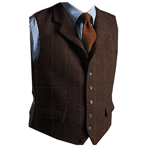 Solove-Suit gilet da abito da uomo elegante tweed panciotto casual smanicato risvolto classico a scacchi per matrimonio（caffè，l）