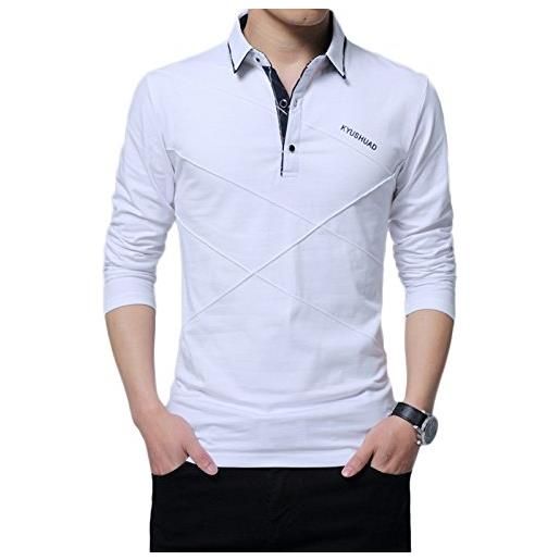 LEOCLOTHO polo da uomo manica lunga casuale maglietta cotone tempo libero camicia golf t-shirt bianca xs