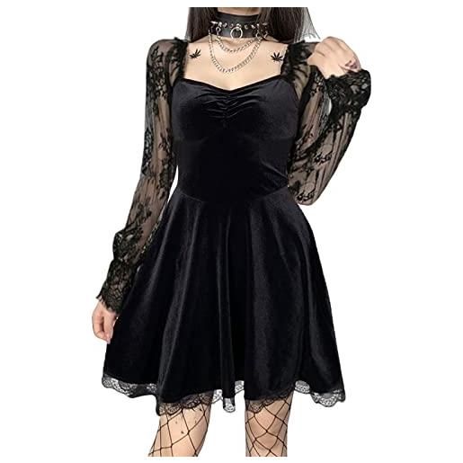 FeMereina donne gothic punk mini abiti vintage puff sleeve. Lace patchwork una linea swing gotico lolita abito nero, y10, s