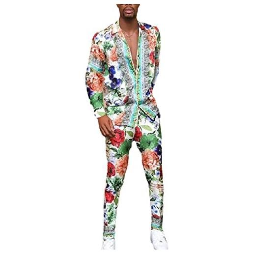 Chahuer moda uomo fiori catena stampa due pezzi set street trendy camicie lunghe e pantaloni 2 pezzi set colore1 m
